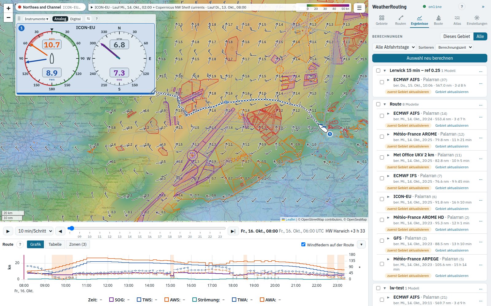 Das Fenster von WeatherRouting: Karte mit Instrumenten und Zeitleiste, Routenfeld darunter, Seitenfeld rechts