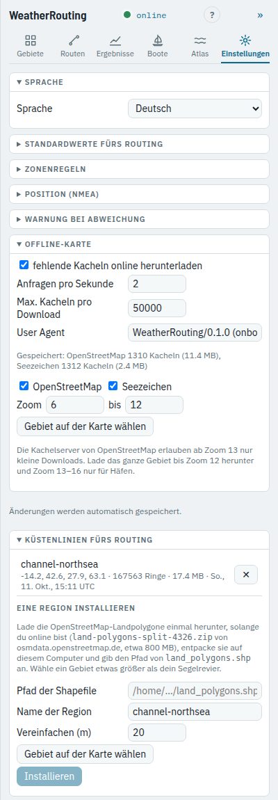 Die Abschnitte Offline-Karte und Küstenlinien fürs Routing