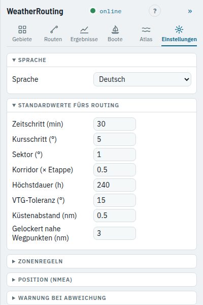 Der Reiter Einstellungen mit geöffneten Routing-Standardwerten