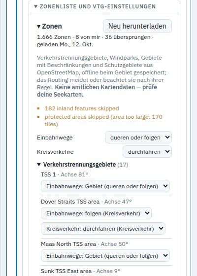 Die Zonenliste mit den VTG-Einstellungen und der Liste der Gebiete