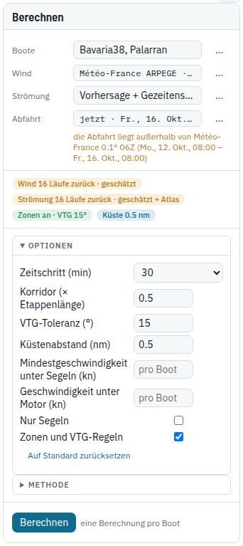 Die Karte Berechnen mit geöffneten Optionen