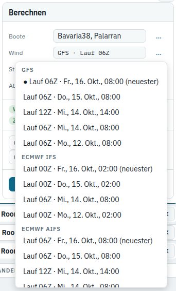Das Menü Wind der Karte Berechnen
