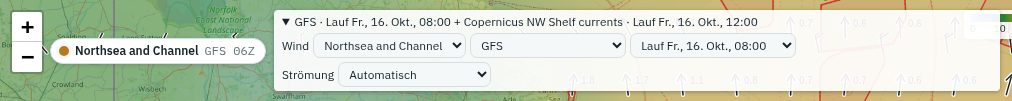 Das Gebietsschild und die geöffnete Laufbeschriftung mit ihren Menüs für Wind und Strömung