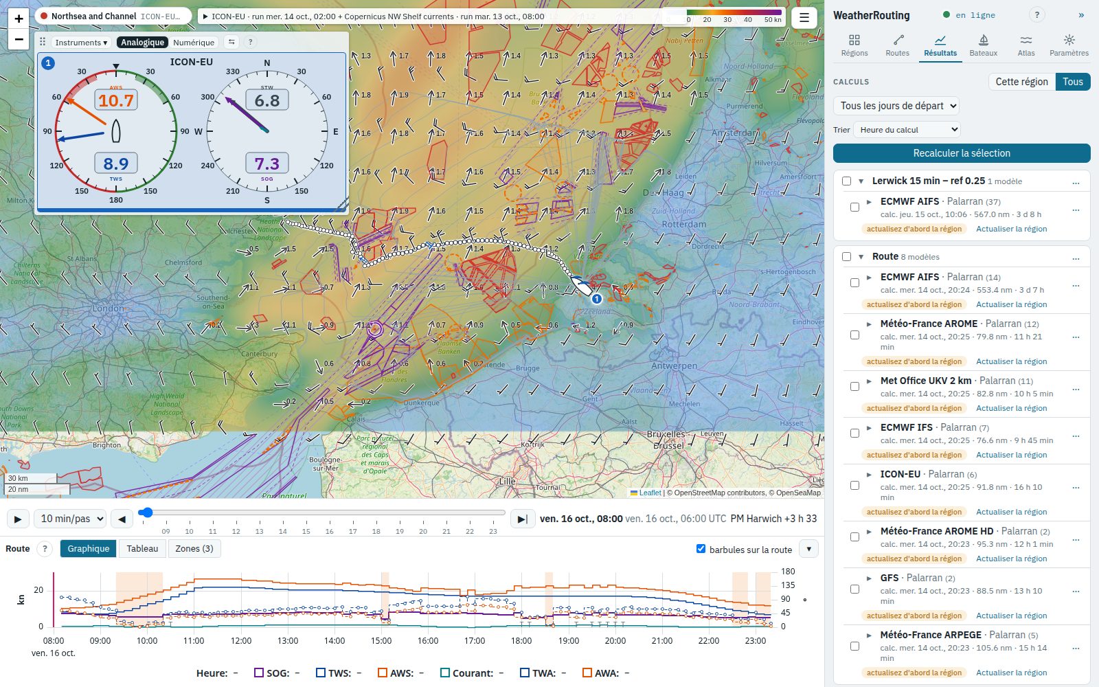 La fenêtre de WeatherRouting : la carte avec les instruments et la barre de temps, le panneau de la route en dessous, le panneau latéral à droite