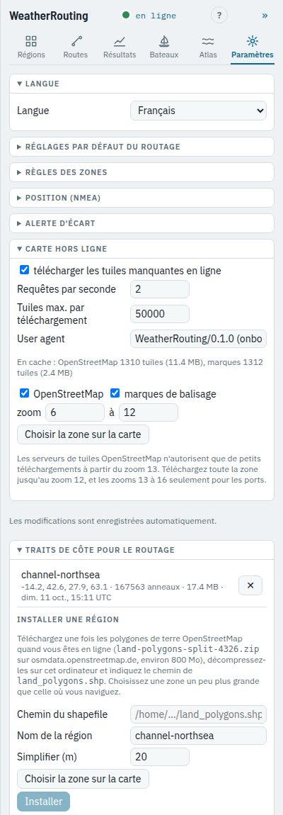 Les sections Carte hors ligne et Traits de côte pour le routage