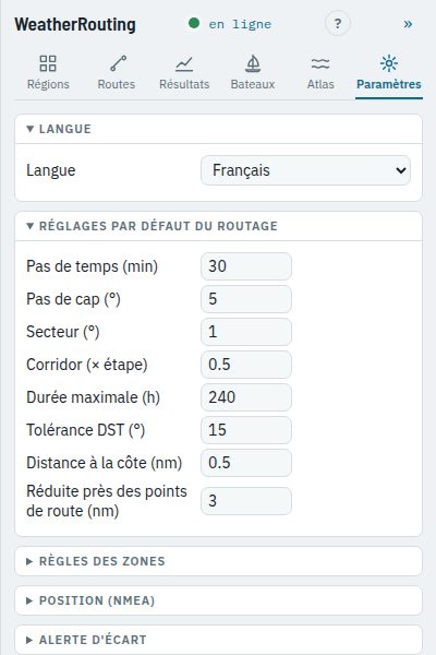 L'onglet Paramètres avec les réglages par défaut du routage ouverts