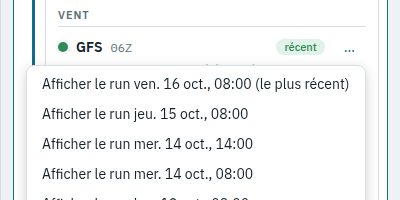 Le menu des runs du modèle GFS