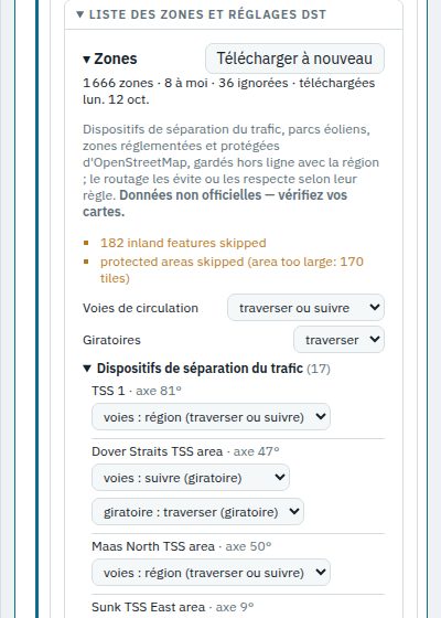 La liste des zones avec les réglages DST et la liste des dispositifs