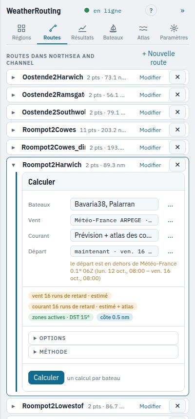 L'onglet Routes avec les routes d'une région, Roompot2Harwich ouverte