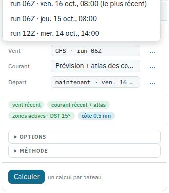 Le menu Vent de la fiche Calculer