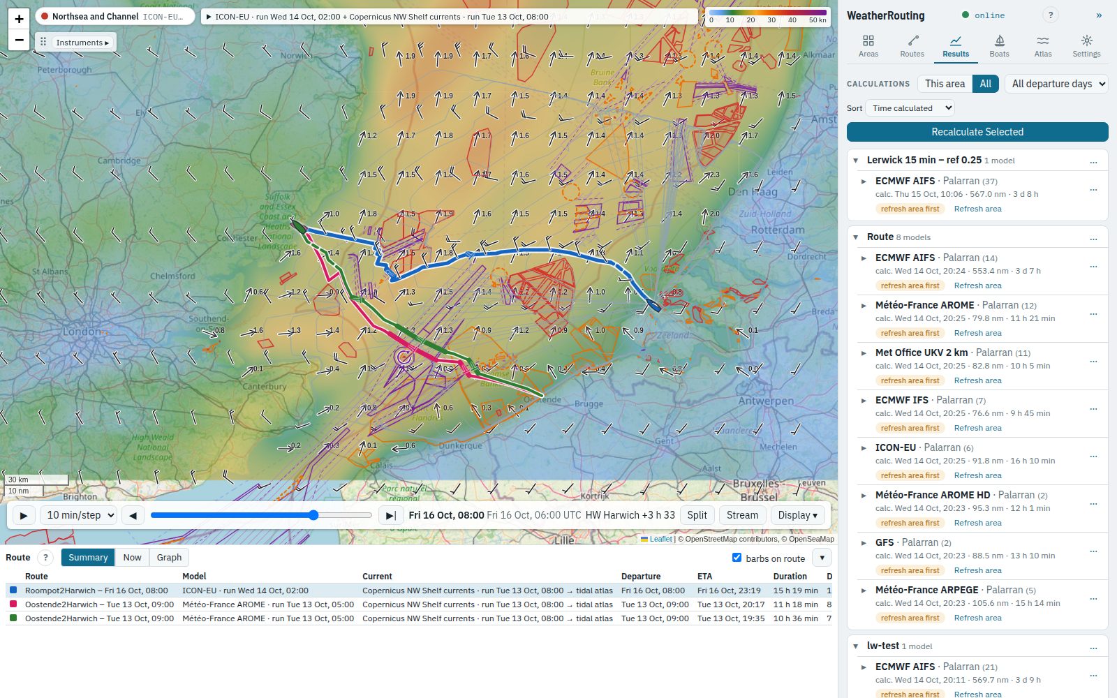 Three routes on the map, each in its own colour