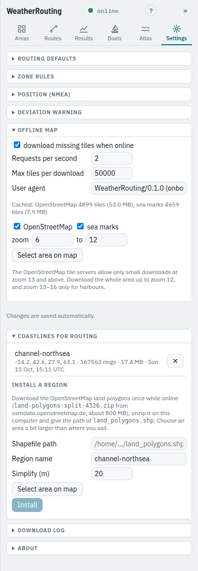 The sections Offline map and Coastlines for routing