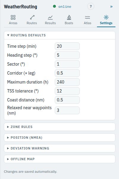 The Settings tab with the routing defaults open