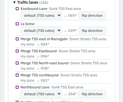 The traffic lanes of the zone list