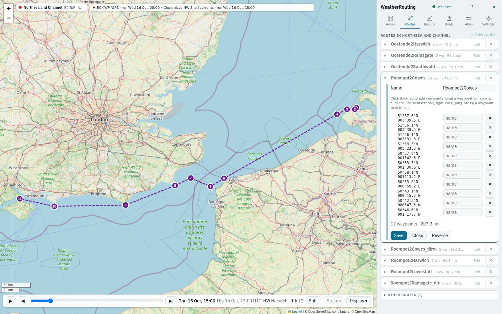 The route Roompot2Cowes open in the editor