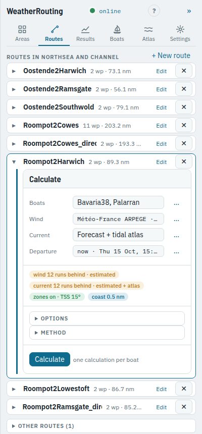 The Routes tab with the routes of an area, Roompot2Harwich opened