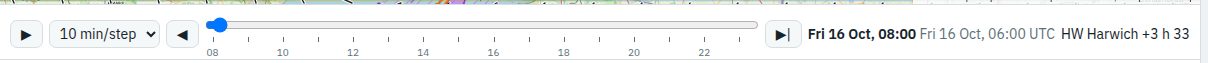 The time bar with play, step menu, slider, local and UTC time and the time from high water
