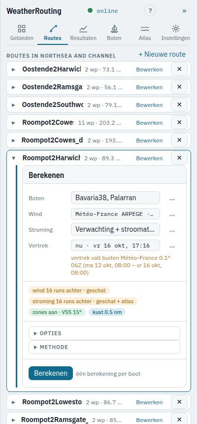 Het tabblad Routes met de routes van een gebied, Roompot2Harwich geopend